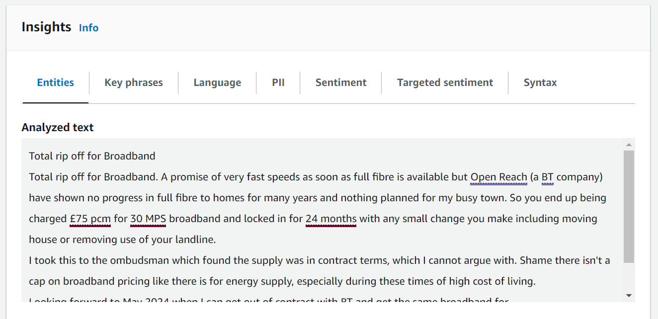 Image of an Amazon Comprehend sentiment analysis