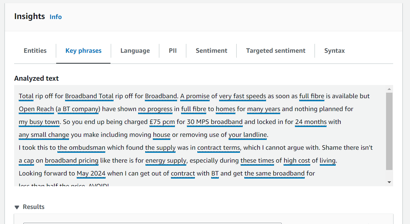 Image of an Amazon Comprehend sentiment analysis