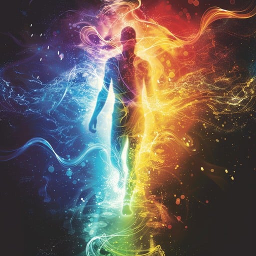 man walking through a dual blue light and yellow light vibrant energy burst