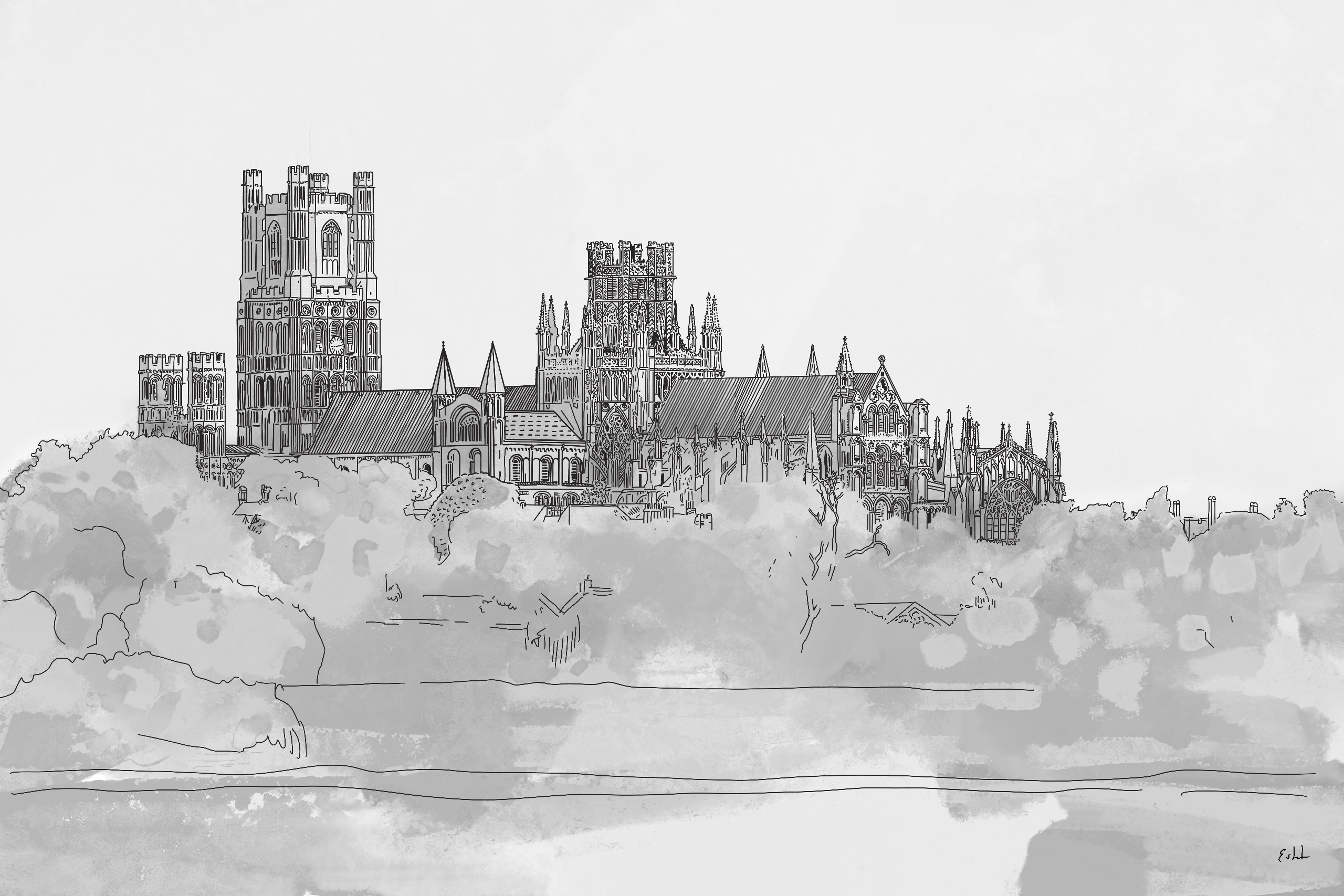 pub portrait & sketch - image of Ely cathedral
